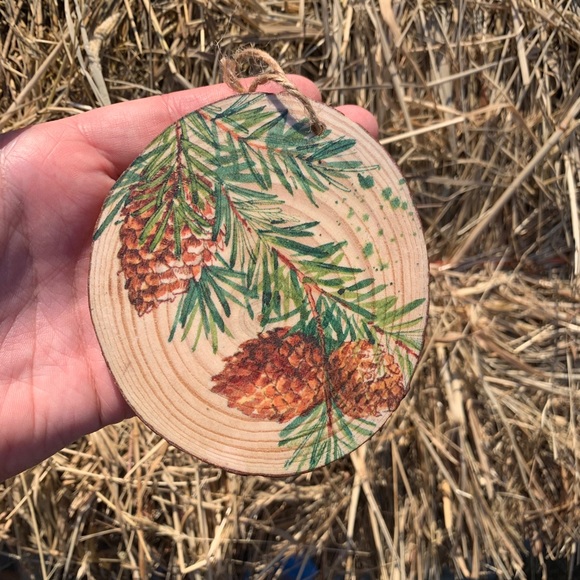 Rustic Wood Slice, Pinecone Ornament, Christmas Tree Decoration - Picture 2 of 3